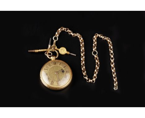 AN 18CT GOLD CASED OPEN FACE POCKET WATCH, the circular gilt dial with Roman numerals and beaded border, to an engine-turned 