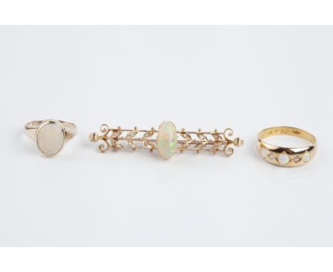 A COLLECTION OF OPAL SET JEWELLERY, comprising an opal and diamond set panel brooch, the oval cabochon opal claw set to an op