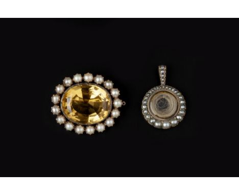 A SMALL COLLECTION OF JEWELLERY, comprising a citrine and half pearl oval cluster brooch, with later fitting, a half pearl an