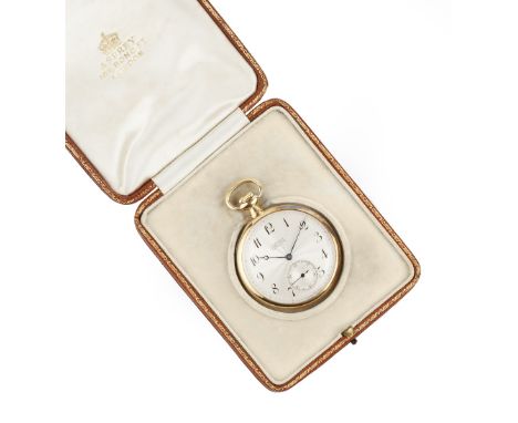 AN 18CT GOLD OPEN FACE POCKET WATCH RETAILED BY ASPREY, the circular silvered dial with stylised black Arabic numerals and su