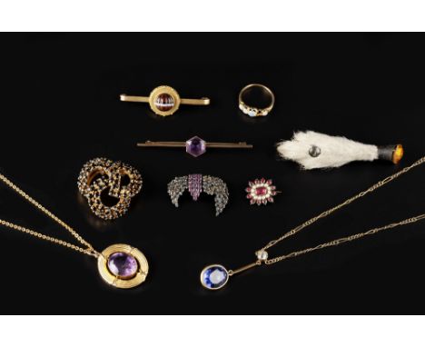 A COLLECTION OF GEM SET JEWELLERY, comprising an amethyst single stone pendant, the oval mixed-cut amethyst collet set to a r