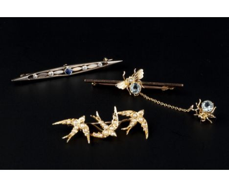 THREE GEM SET BAR BROOCHES, the first modelled as an insect, with circular mixed-cut blue stone and seed pearl body, suspendi