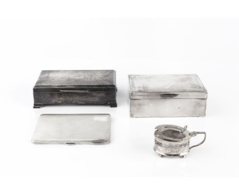 A SILVER CIGARETTE BOX, with engine turned decoration on stepped bracket feet, Birmingham 1951, 15.5cm, another silver cigare