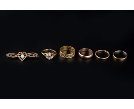 A COLLECTION OF JEWELLERY, comprising an opal and ruby cluster ring, (one opal deficient), an opal and red stone set bar broo