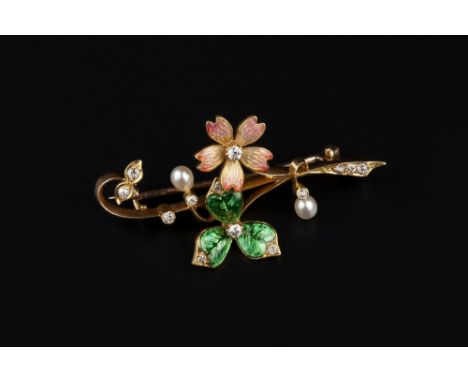 AN ENAMEL, PEARL AND DIAMOND BROOCH, modelled as a foliate spray, the articulated flowerheads highlighted with old-cut diamon