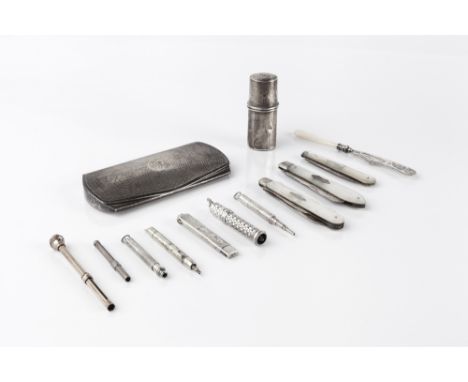 A SILVER SPECTACLES CASE, with engine turned decoration, by Horton &amp; Allday, Birmingham 1924, 11cm; a silver cylindrical 
