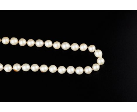 A CULTURED PEARL NECKLACE, the single strand of uniform cultured pearls to an abstract panel clasp, stamped '585', length 86c