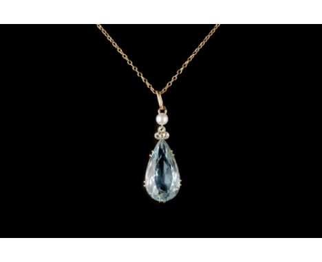 AN AQUAMARINE, PEARL AND DIAMOND PENDANT ON CHAIN, the pear-shaped mixed-cut aquamarine in claw setting, surmounted by a trio