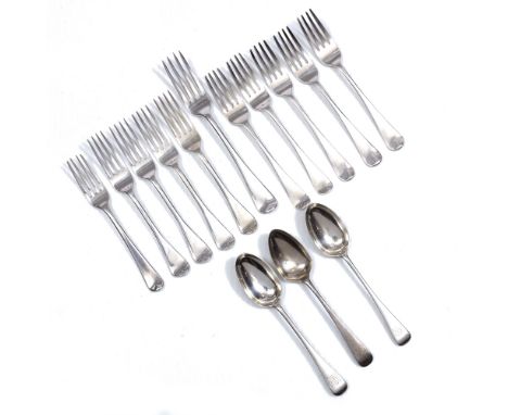 TEN VICTORIAN SILVER OLD ENGLISH PATTERN DESSERT FORKS, together with a similar table fork and three dessert spoons, various 