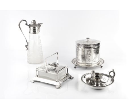 A COLLECTION OF SILVER PLATED ITEMS, comprising a Victorian claret jug, the tapered glass etched with ferns, a biscuit barrel