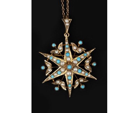 A COLLECTION OF GEM SET JEWELLERY, comprising a turquoise and half pearl set star pendant/brooch, 9ct gold mounted, suspended