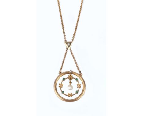 A GEM SET PENDANT NECKLACE, the circular openwork panel suspending an emerald set wreath enclosing a pearl drop, with flowerh