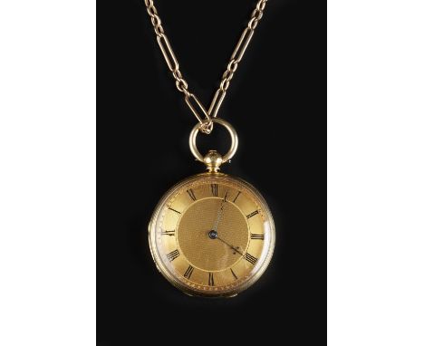 AN 18CT GOLD OPEN FACE FOB WATCH AND A FANCY-LINK CHAIN, the watch with gilt engine-turned dial and black Roman numerals, to 