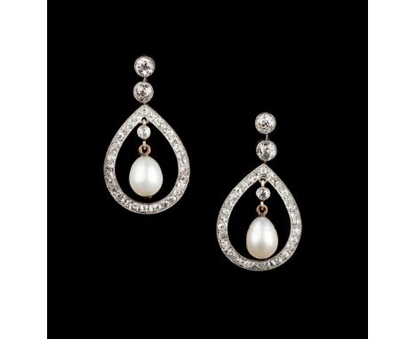 A PAIR OF PEARL AND DIAMOND EAR PENDANTS, each pear-shaped pearl drop suspended from an openwork frame of millegrain set old 