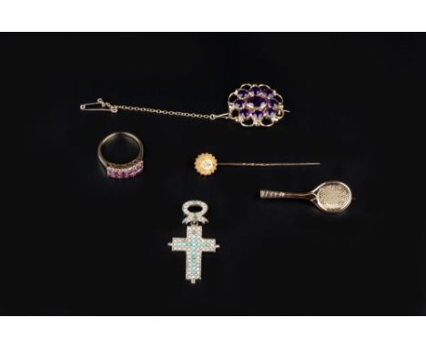 A COLLECTION OF GEM SET JEWELLERY, comprising an amethyst and purple paste cluster panel brooch, a gem set double row half ho