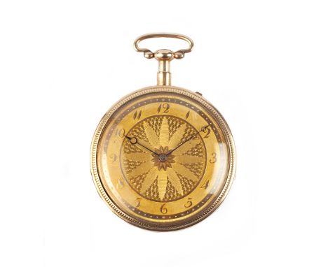 AN OPEN FACE POCKET WATCH, the engraved gilt dial with stylised Arabic numerals, to key wind movement, the engine-turned case