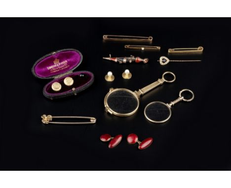 A COLLECTION OF JEWELLERY, comprising a pair of pearl dress studs, with French eagle's head control marks, a sapphire and hal