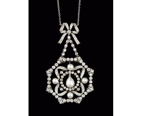 AN EARLY 20TH CENTURY PEARL AND DIAMOND PENDANT NECKLACE, the openwork octagonal panel centred with a pear-shaped pearl and d