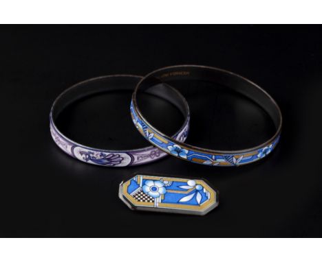 TWO BANGLES AND A BROOCH BY MICHAELA FREY, the first bangle and brooch with flowerheads and geometric motifs in shades of blu