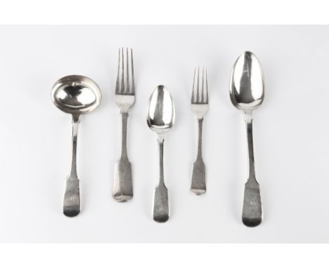 A MATCHED PART SERVICE OF 19TH CENTURY SILVER FIDDLE PATTERN FLATWARE, comprising a sauce ladle, twelve table forks, four des