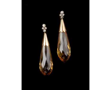 A PAIR OF CITRINE, DIAMOND AND HALF PEARL EAR PENDANTS, each briolette-cut citrine drop suspended from a cluster of half pear
