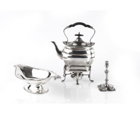 A QUANTITY OF SILVER PLATED ITEMS TO INCLUDE: a tea kettle on stand, various entree dishes and covers, a set of ivory handled