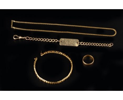 A COLLECTION OF JEWELLERY, comprising an 18ct gold identity bracelet, inscribed, (later loop fitting), a 22ct gold wedding ba