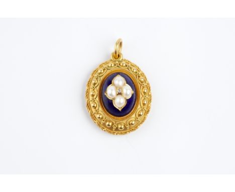 A VICTORIAN ENAMEL, HALF PEARL AND DIAMOND MEMORIAL PENDANT, centred with a quatrefoil-shaped  cluster of half pearls, enclos