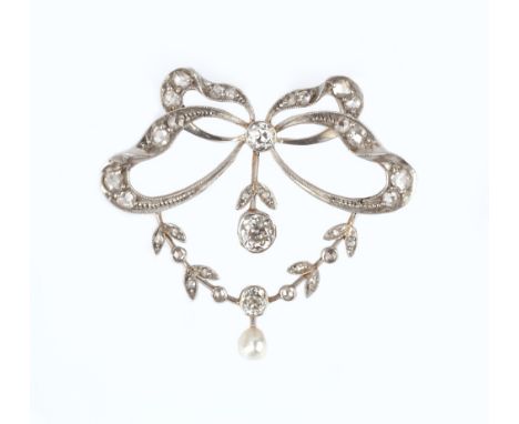 A DIAMOND AND PEARL BROOCH/PENDANT, the openwork loosely tied ribbon bow millegrain set with rose-cut diamonds, centred with 