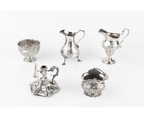 A VICTORIAN SILVER SMALL CHAMBER STICK, of pierce decorated and shaped hexagonal form with snuffer, by Henry Wilkinson &amp; 