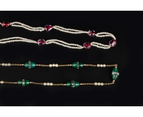 TWO CHOKER NECKLACES, the first a double strand seed pearl necklace, with pink bead spacers, (pearls untested for origin), th