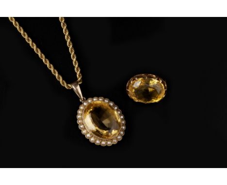 A CITRINE AND HALF PEARL CLUSTER PENDANT ON CHAIN, the oval mixed-cut citrine in millegrain collet setting, bordered by simil