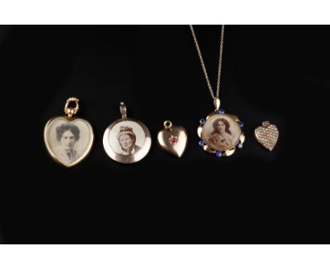 A COLLECTION OF PENDANTS, comprising a half pearl set heart-shaped pendant, a circular glazed locket pendant, framed by blue 