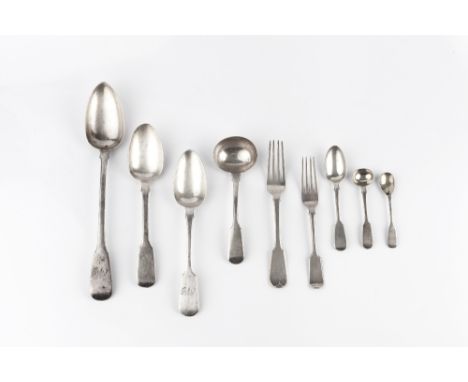 A MATCHED PART SERVICE OF 19TH CENTURY SILVER FIDDLE PATTERN FLATWARE, comprising a gravy spoon, London 1808, a sauce ladle, 