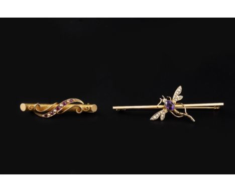 TWO HALF PEARL AND GEM SET BAR BROOCHES, the first modelled as a dragonfly, with an oval mixed-cut amethyst abdomen and half 