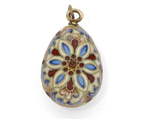 silver-gilt pendant decorated with white, pink and blue cloisonné enamel and two garnet cabochons Hallmark: illegible silvers