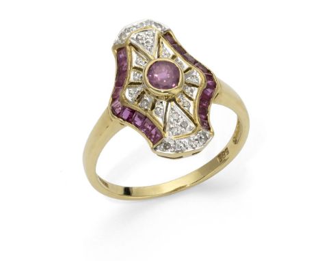 Art Déco style 14k yellow gold ring set with diamonds weighting approximately 0.15 ct. and rubies weighting approximately 0.3