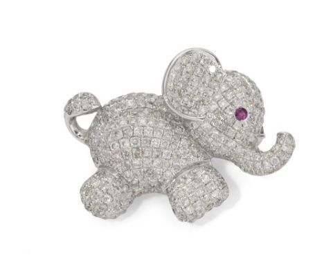 18k white gold ‘Elephant’ pendant brooch set with 331 diamonds weighing approximately 1.05 ct., 1 ruby weighing approximately