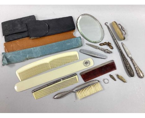 Vintage "830S" Child's Brush and Comb Set, decorative nail buffer, file, button hook, folding pocket knife, novelty Egyptian 