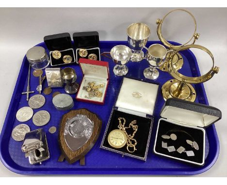 Jean Herber Openface Pocket Watch, cufflinks, commemorative and other coins, miniature trophy cups, 'Apeing The Man / Always 