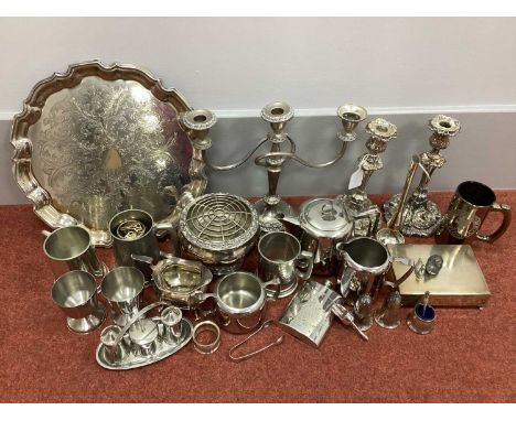 A Mixed Lot of Assorted Plated Ware and Stainless Steel, including decorative pair of Continental style candlesticks, of shap