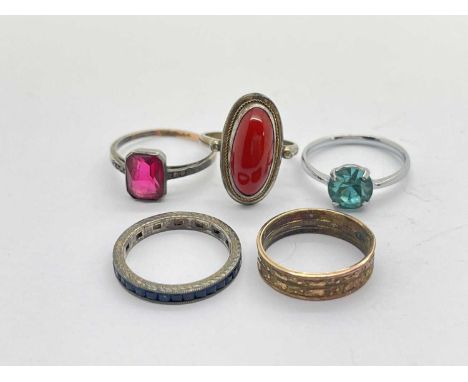 A Vintage Single Stone Dress Ring, stamped "9ct&amp;Sil"; a Rolled Gold band, French eternity band (stamped mark) etc.