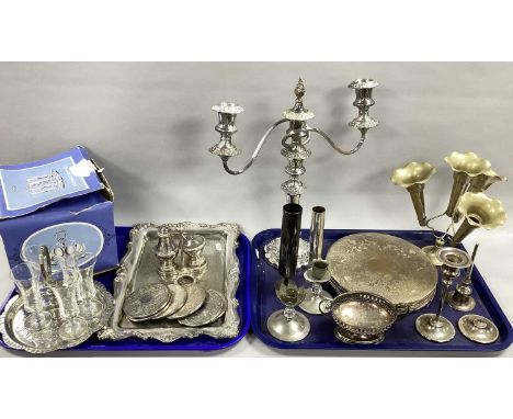 Assorted Plated Ware, including twin branch candelabrum, four flute epergne, placemats, coasters, glass tots on stand, Modern