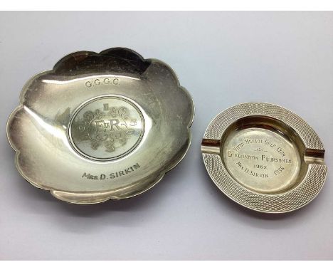 A Small Hallmarked Silver Trophy Ashtray, D Bros, Birmingham 1954, with engine turned detail and engraved "Kirby Muxloe Golf 