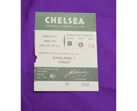 Ticket England Under 23 v Italy Under 23 at Stamford Bridge Chelsea 19th January 1955. Duncan Edwards of Manchester United pl