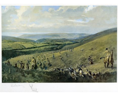 AFTER LIONEL EDWARDS 'The Lay on', The Devon and Somerset Staghounds, the lower slopes of Dunkery, colour print, signed in pe