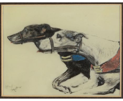 AFTER CECIL ALDIN Greyhounds racing, print on ivorine, finished by hand, 10 x 12.5cm