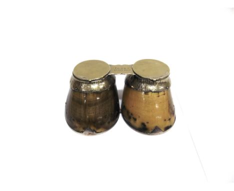ROWLAND WARD LIMITED, PICCADILLY - A DOUBLE MOUNTED HORSE'S HOOVES INKWELL inscribed ''TOMMY', 8TH OCT.1899' with plated hing