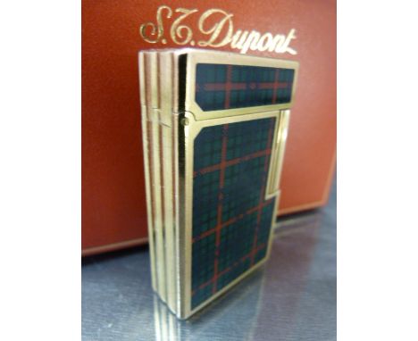 Dupont Gold Coloured metal lighter in tartan pattern, in original Dupont Case and outer box