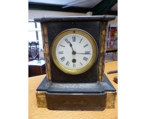 A Victorian black marble and marble inlaid cased mantle clock, with circular enamelled dial and Roman numerals 